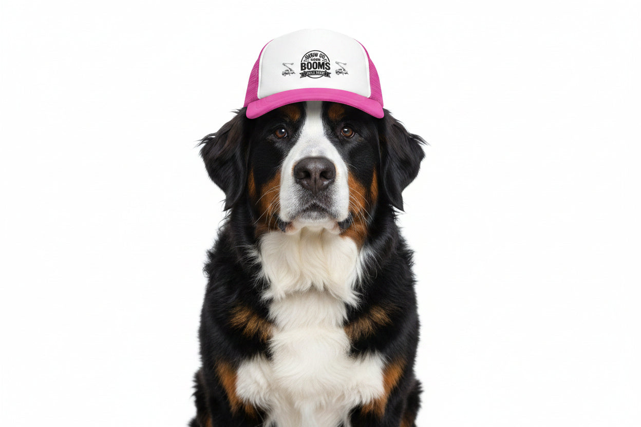 Pink and white trucker hat with text and graphics on a white background