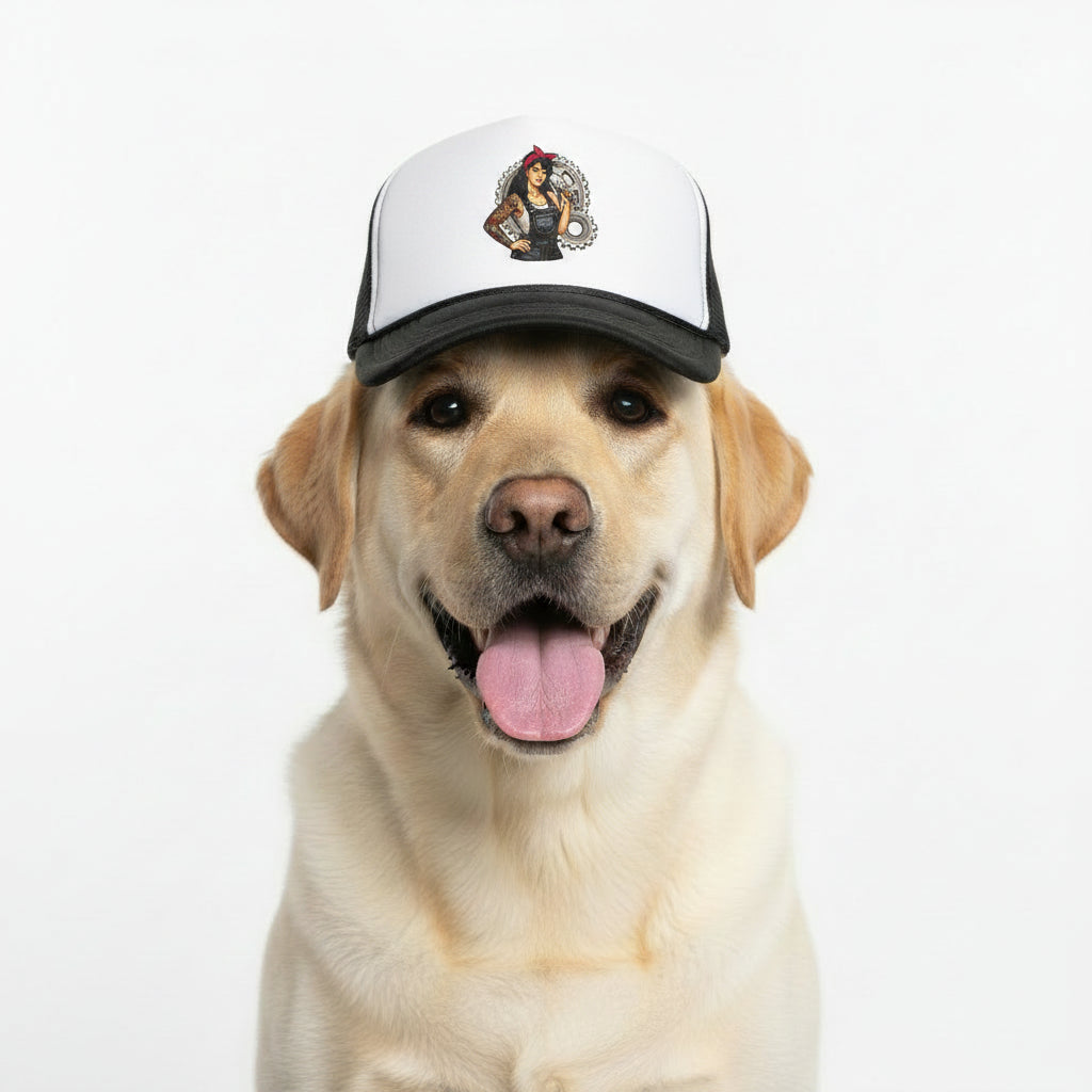 Black and white trucker hat with 'Docs Dogs' text on a white background